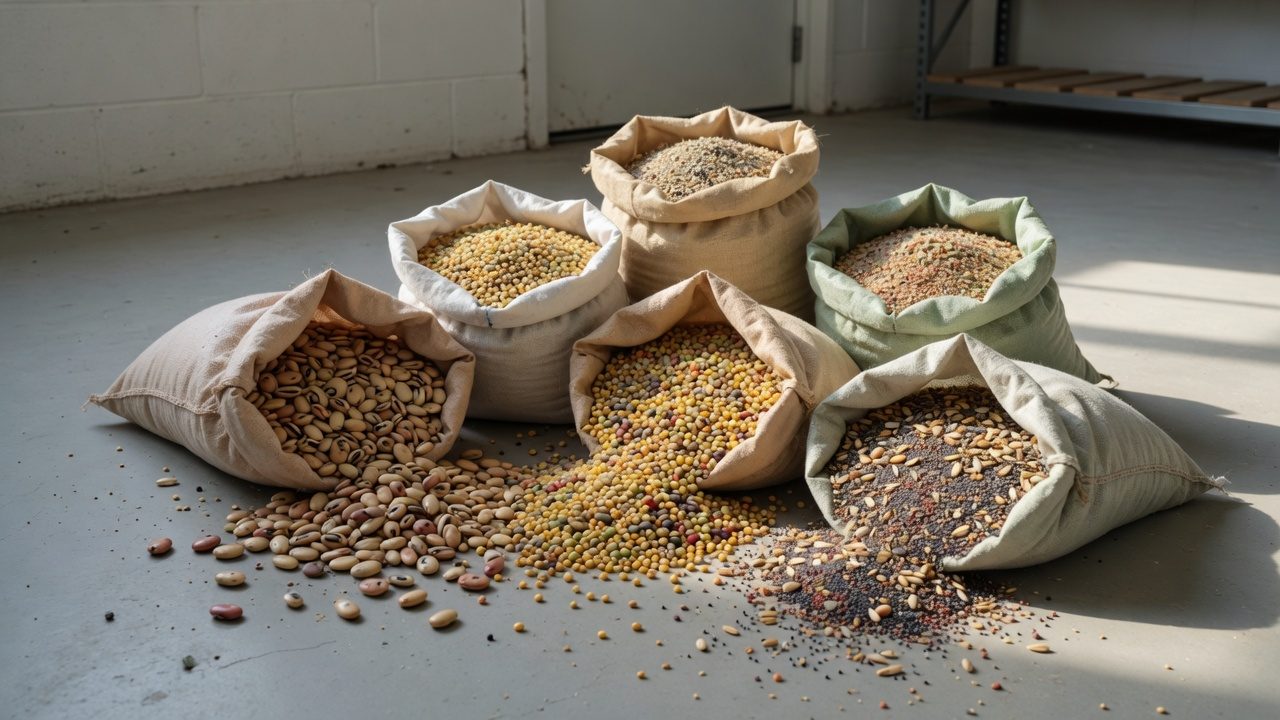 Open unmarked sacks of crop seed on a concrete floor, shown as an illustration of seed wholesale.